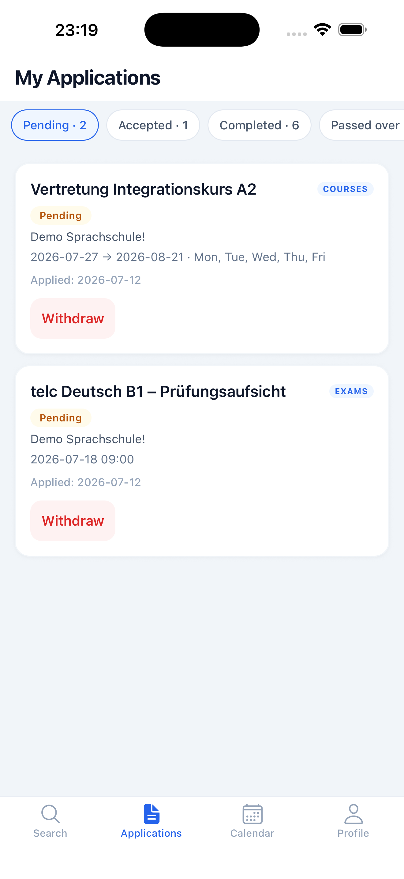 Sprachschulwerk-App auf dem iPhone: deine Bewerbungen im Blick