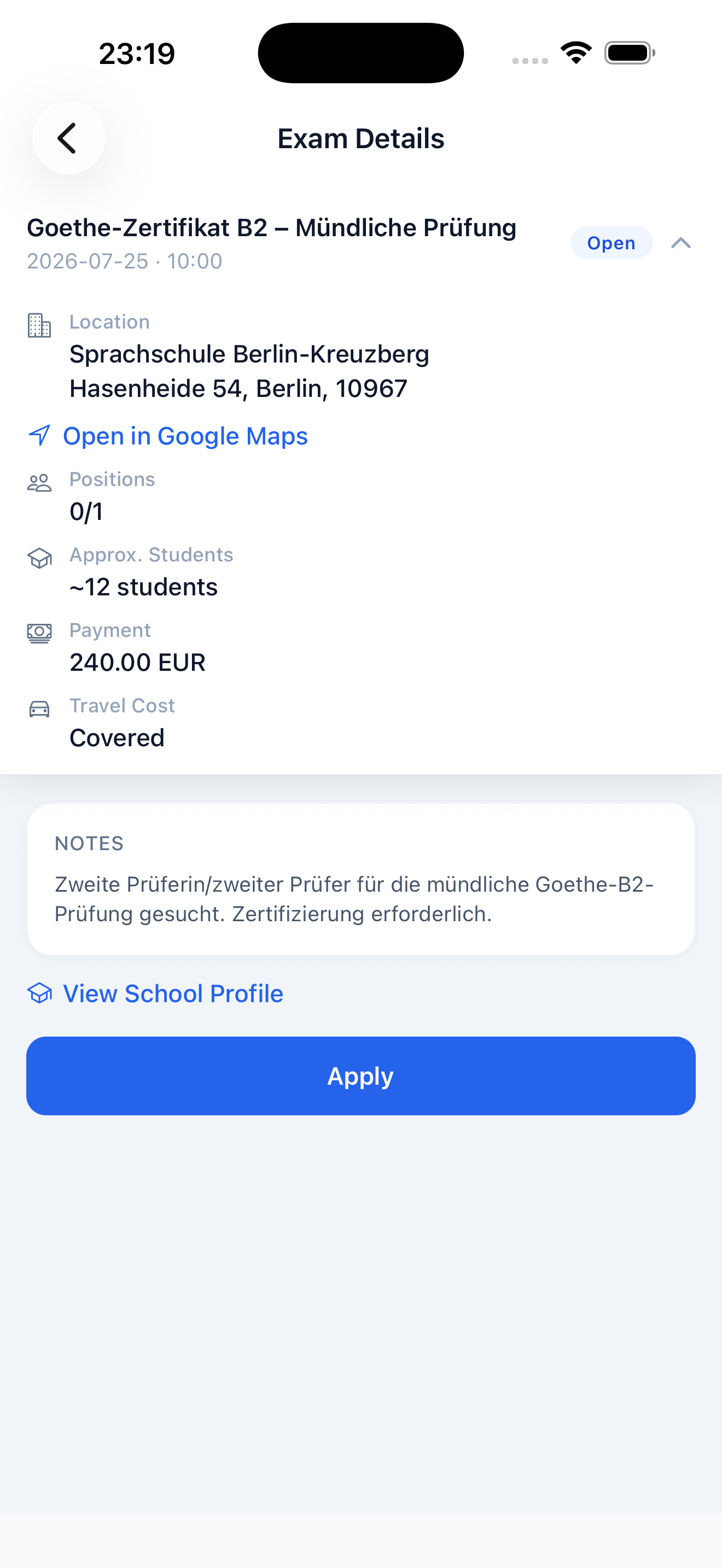Sprachschulwerk-App auf dem iPhone: Prüfungsdetails mit Vergütung und Karte