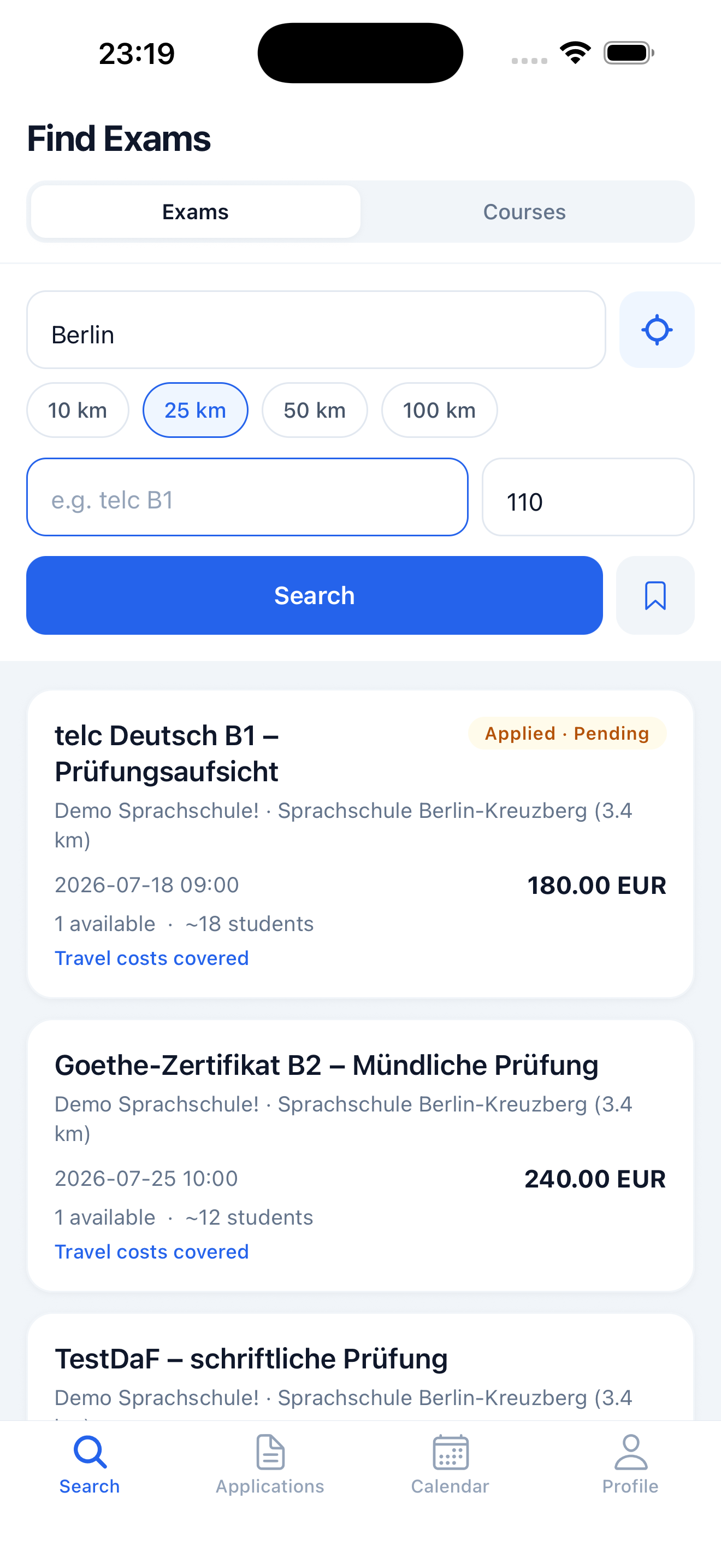 Sprachschulwerk-App auf dem iPhone: Prüfungen in der Nähe finden