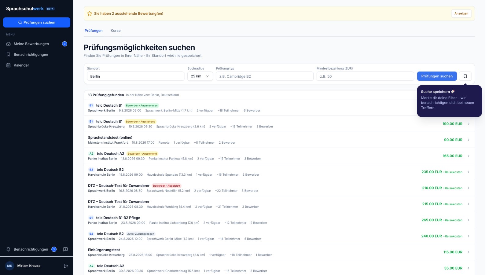 Exam search with radius filter and pay shown per posting