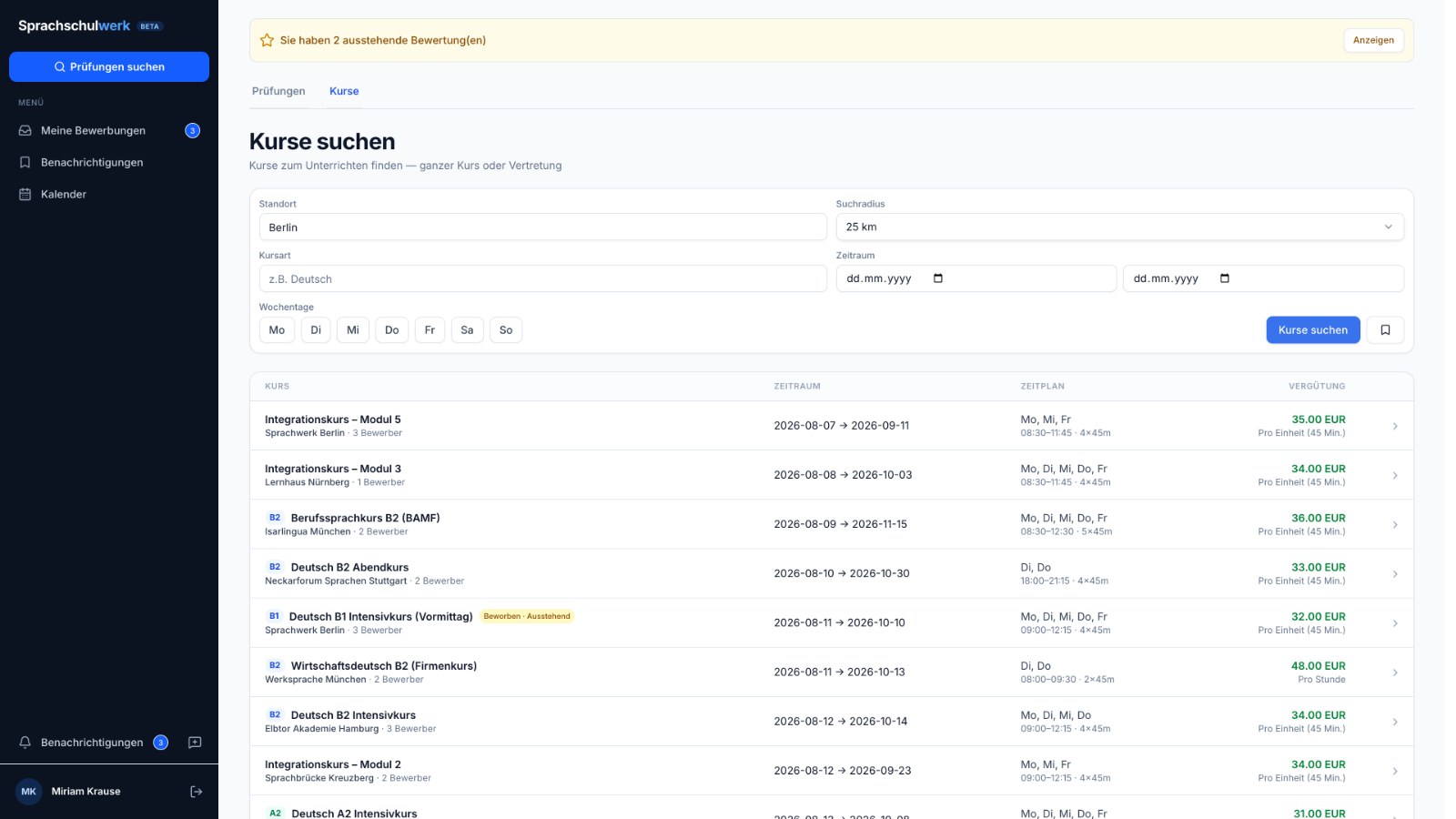 Search for courses and cover teaching with date range and pay