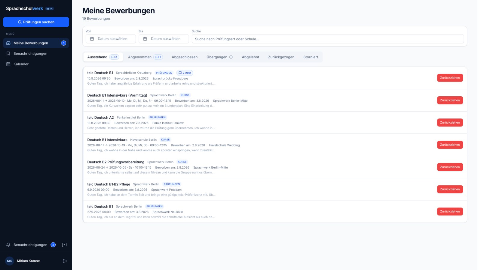 List of your own applications with status and messages
