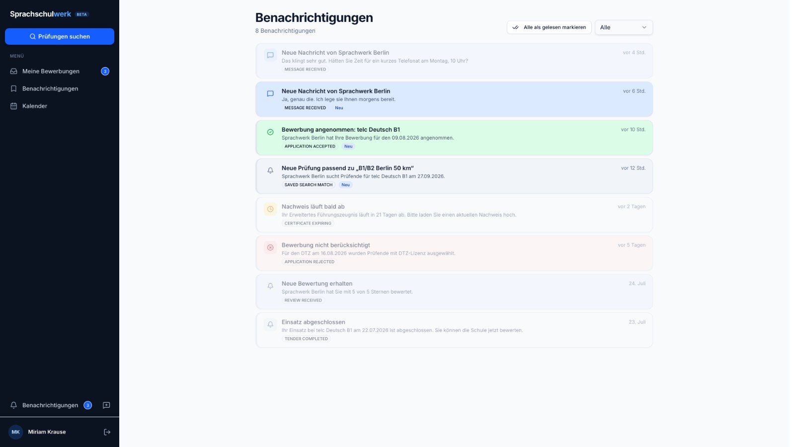 Notifications about applications and new postings
