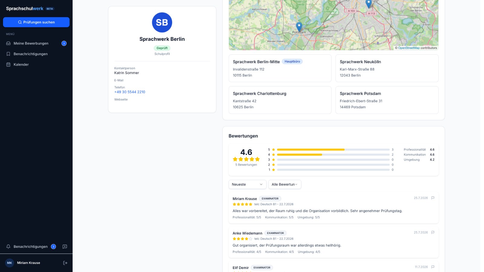 Language school profile with locations and reviews from examiners