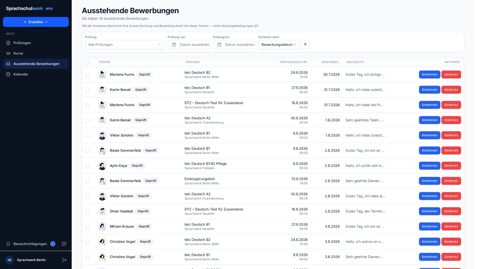 Inbox of pending examiner applications sorted by application date