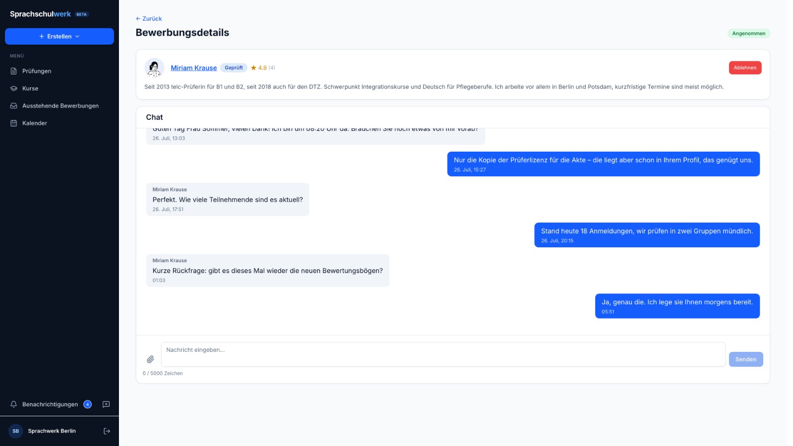 Message thread between a language school and an examiner inside an application